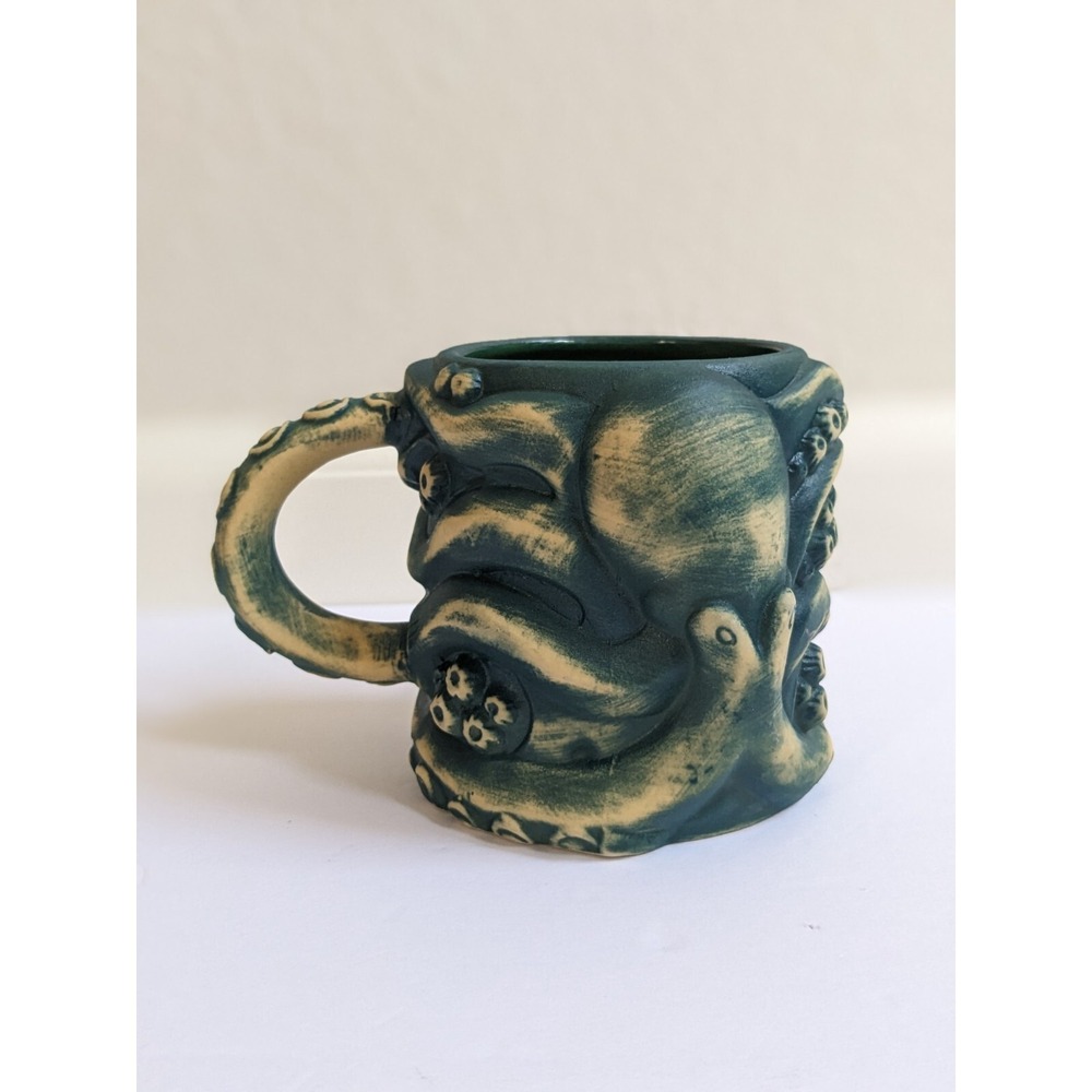 Mora Pagan Idol Handmade Hawaiian Octopus Tiki Skull Mug Matte Green Finish - Picture 6 of 10